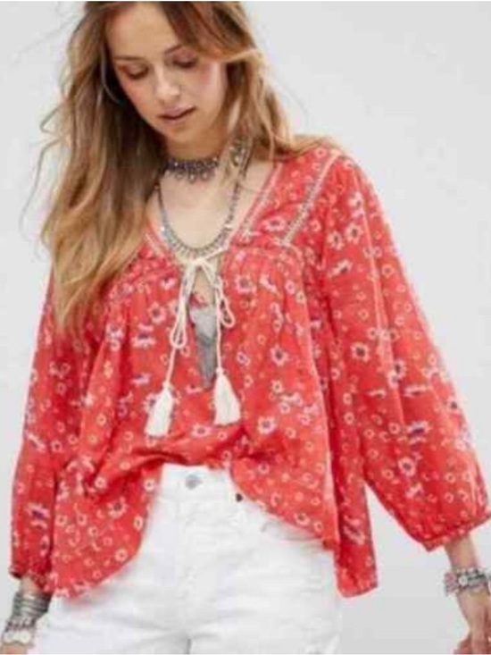 Free People Tops - NWT Free People BoHo Red Floral Tassel Peasant Tunic top women’s M